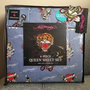 Ed Hardy Blue Graphic Queen Set Motorcycle Skull Dagger Love Kills Slowly Edgy
